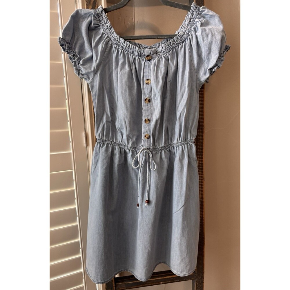 Speed Limit MPH Women's M Short Puff Sleeve Babydoll Dress Blue Peasant Neck New